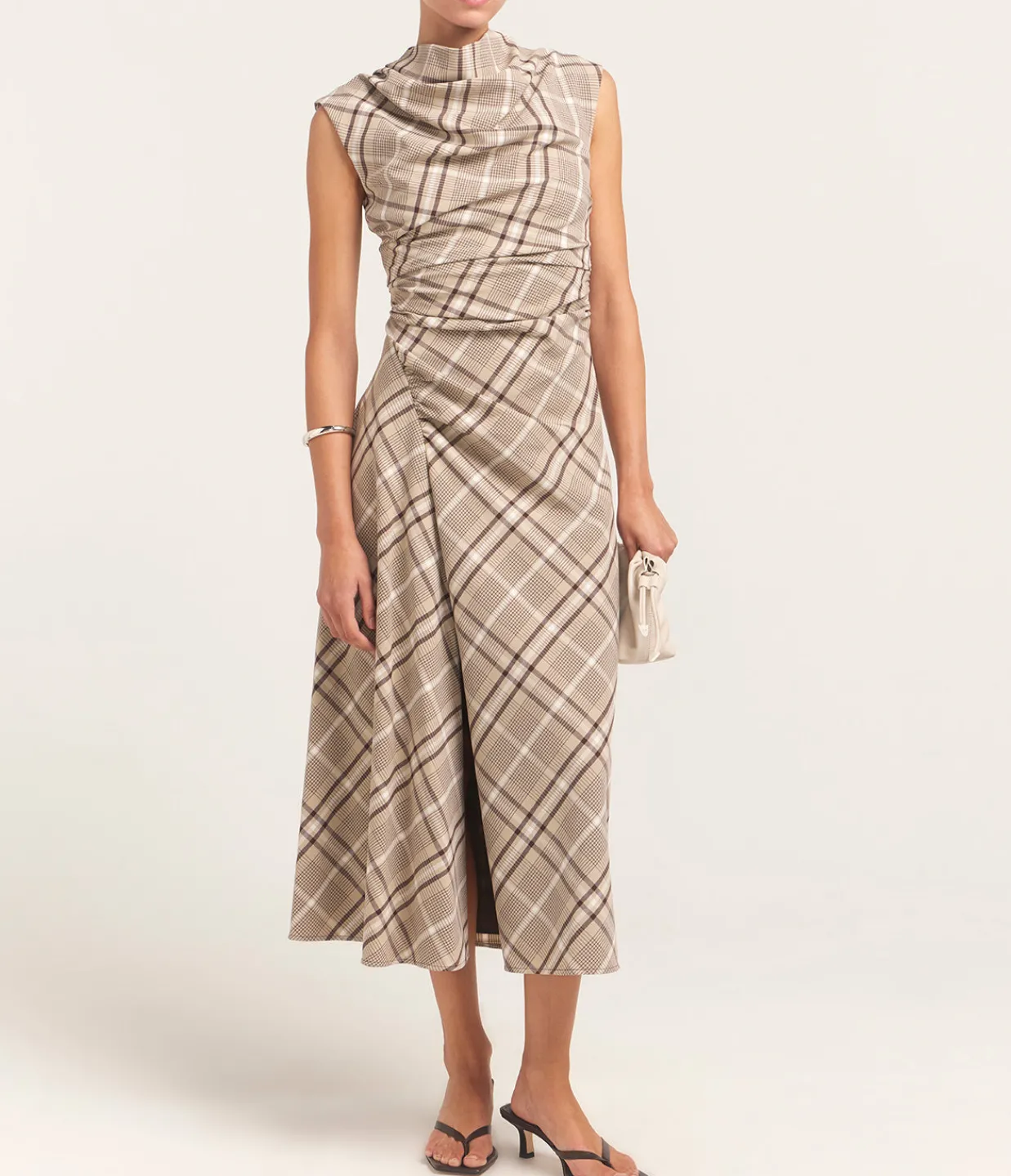 Simkhai Burke Short Sleeve Draped Midi Dress in Sand Plaid Sale
