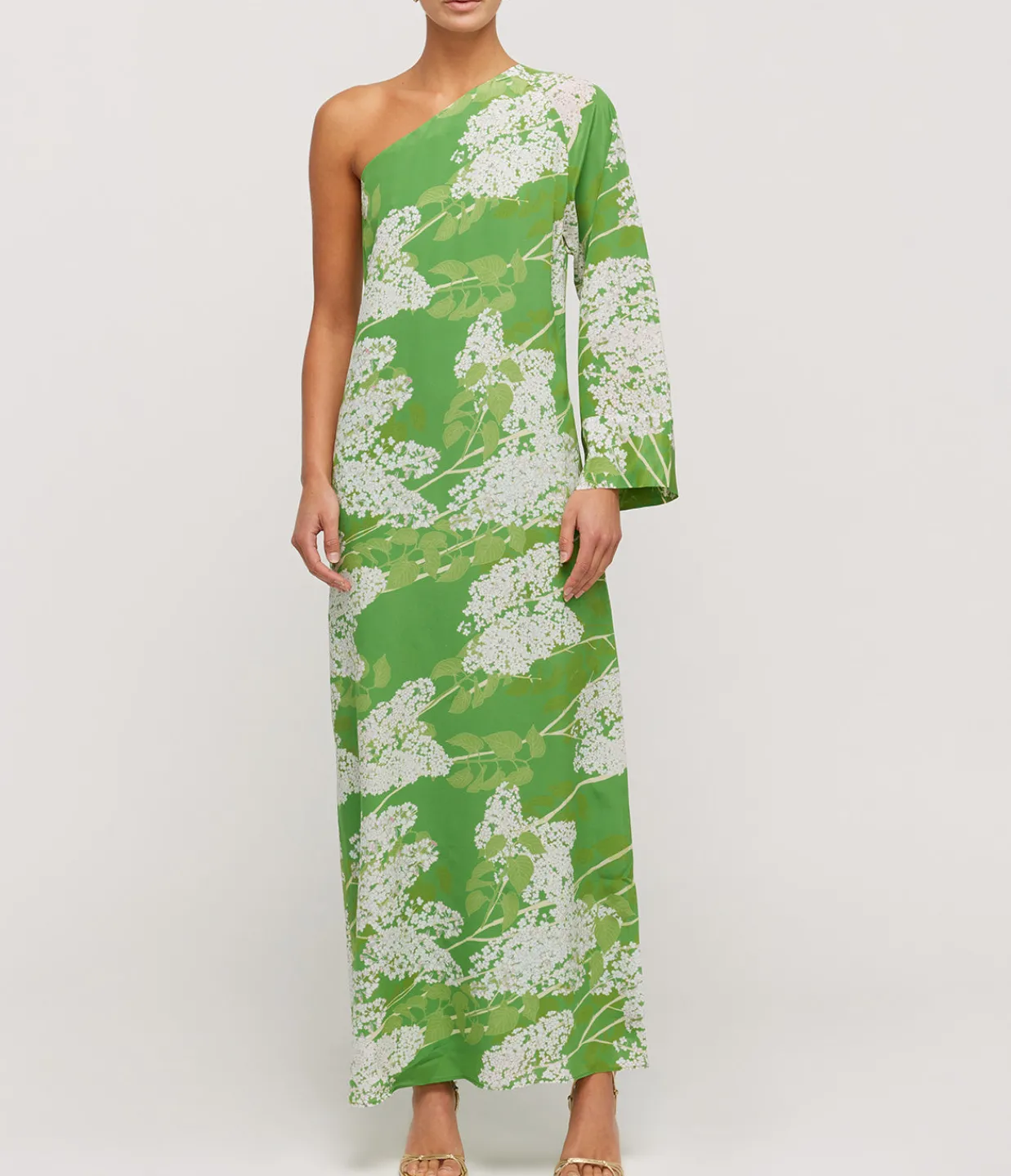 Bernadette Lola One Shoulder Silk Maxi Dress in White on Green Shop